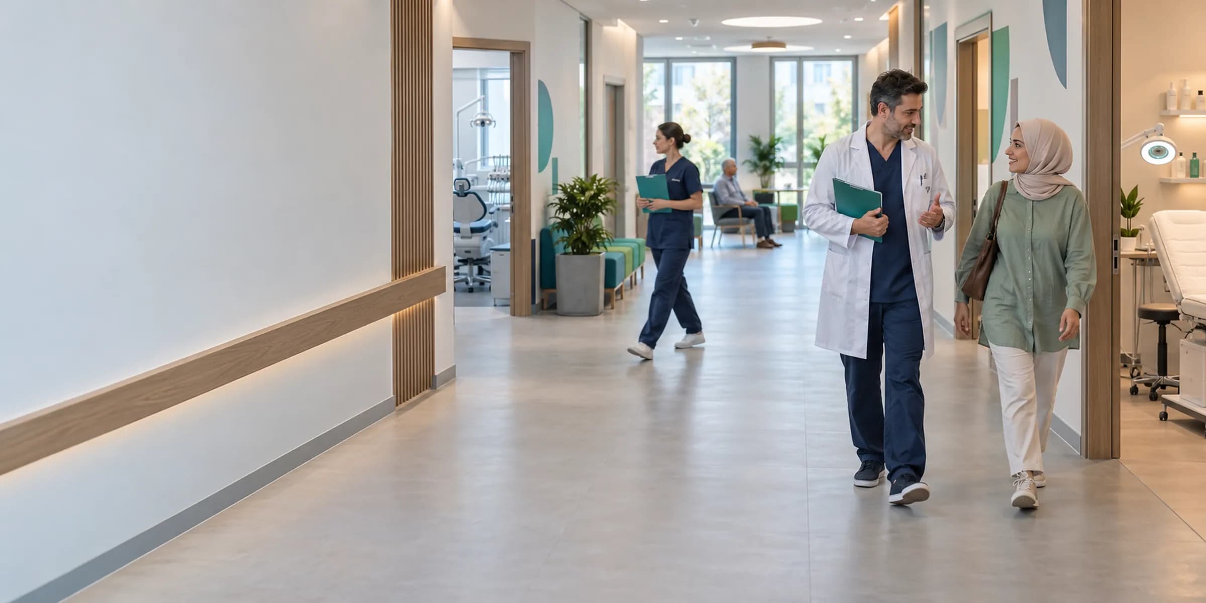 Dahili, göz ve dermatoloji odalarına açılan çok branşlı bir klinik koridoru ve koridordan geçen bir hemşire.