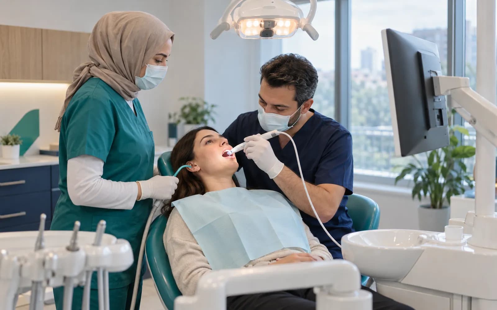 Modern bir diş ünitesinde elinde intraoral kamera olan diş hekimi ve asistanı; camgöbeği döşemeli koltuk