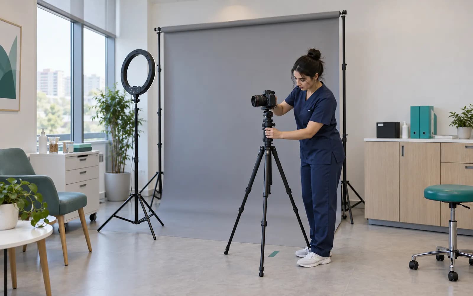 Gri fon, kapalı halka ışık ve tripod üzerindeki kamerayla standart klinik fotoğraf köşesi; hemşire yüksekliği ayarlıyor.