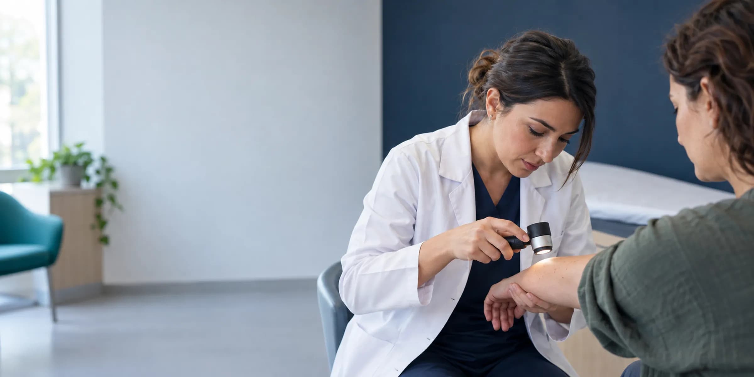 Koyu lacivert arka panel önünde dermatoskopla hastanın önkolunu inceleyen bir dermatolog