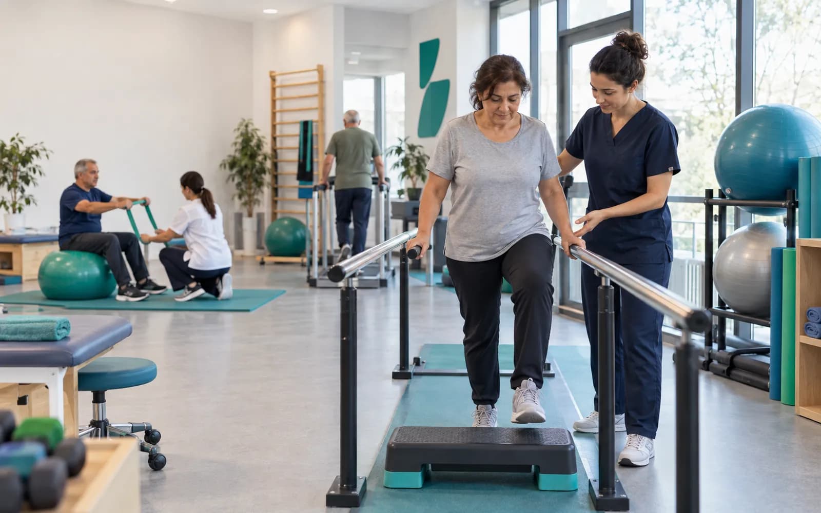 Turkuaz minderli rehabilitasyon salonunda fizyoterapist, hastaya basamak egzersizini yaptırıyor.