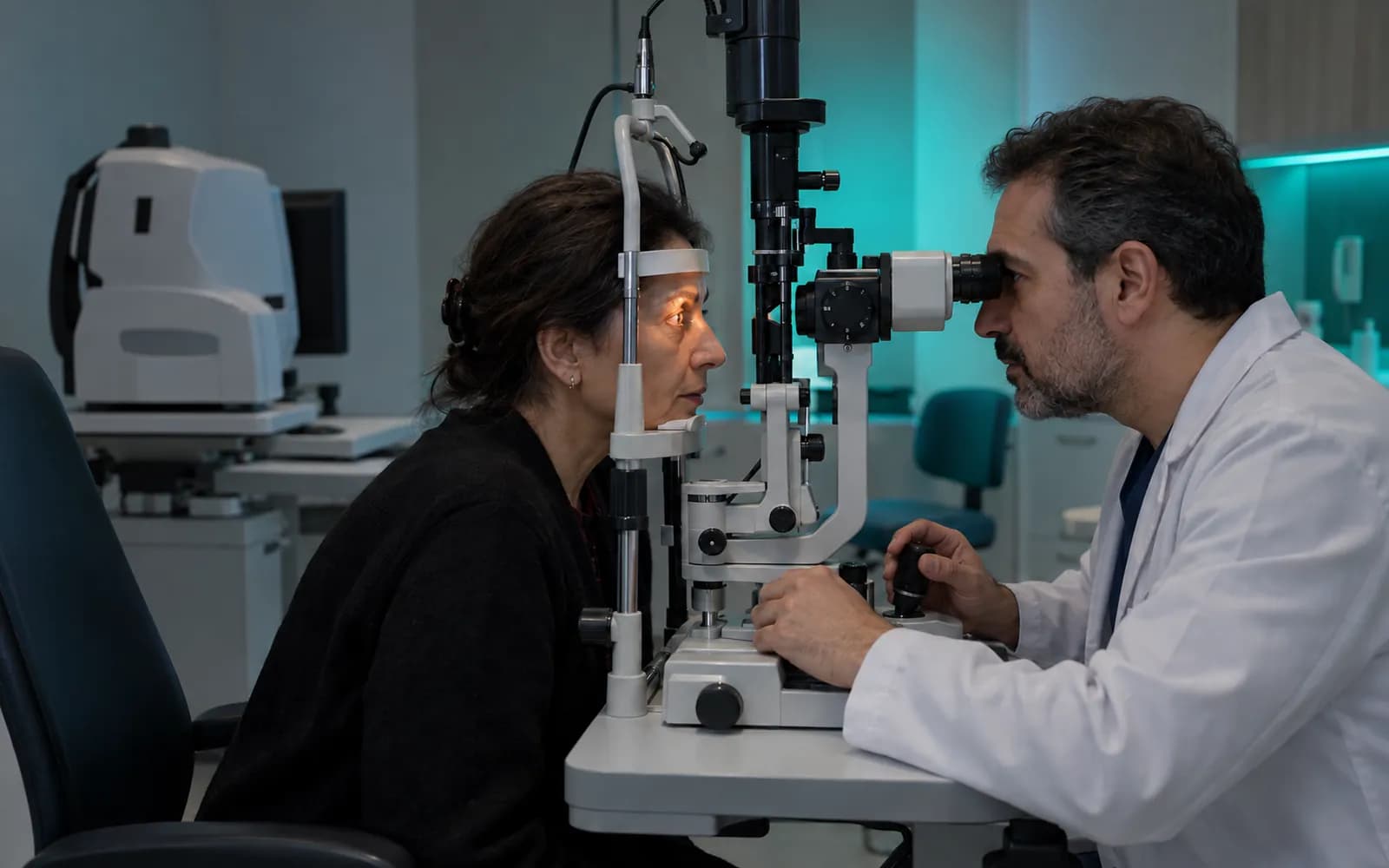 Loş odada yarık lamba başında hastayı muayene eden göz doktoru; arkada bir OCT cihazı