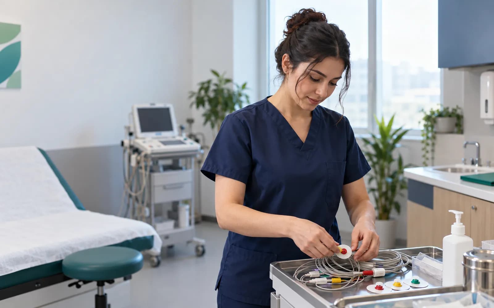Hemşire, muayene odasında tepsiye EKG elektrotlarını ve kablolarını diziyor.