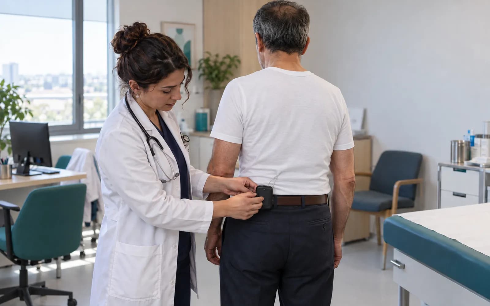 Kardiyolog, arkası dönük hastanın beline küçük bir Holter kayıt cihazı takıyor.
