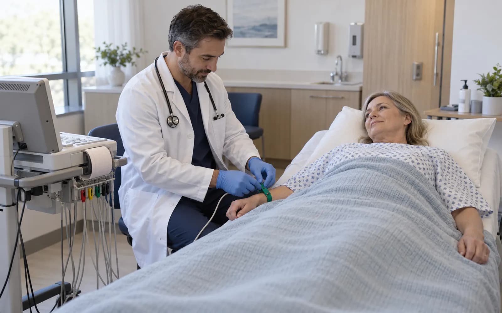 Kanepede yatan hastaya ECG elektrotlarını yerleştiren kardiyolog; yanda kâğıt rulolu ECG cihazı, sakin bir oda