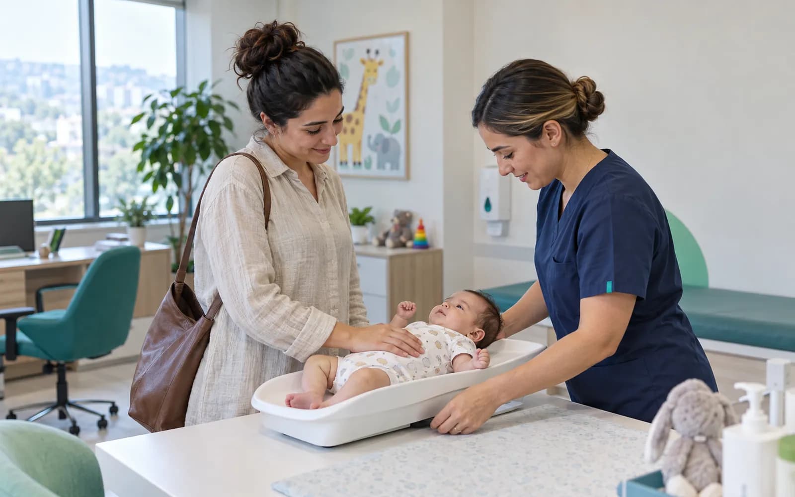 Pediatri hemşiresi bebeği bebek tartısında tartarken ebeveyn elini çocuğunun üzerinde tutuyor.