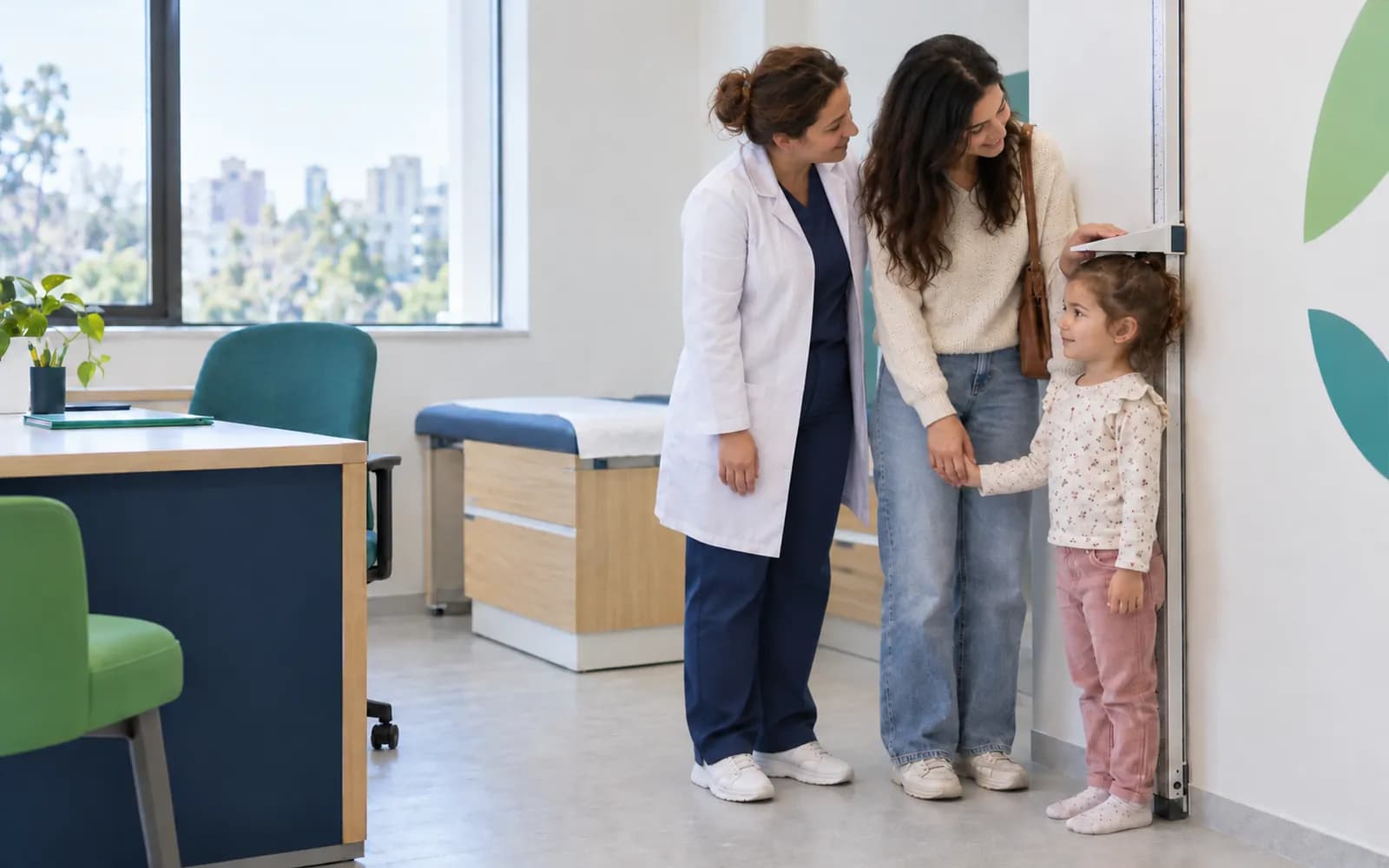 Bir pediatrist, duvar boy ölçerde küçük bir çocuğun boyunu ölçerken; çocuğun elini velisi tutuyor.