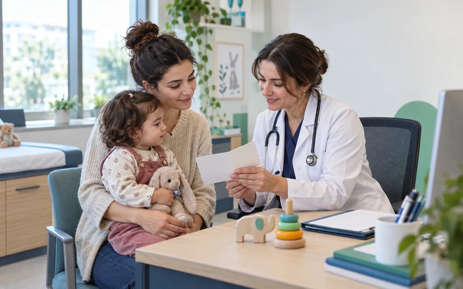 Çocuk doktoru, kucağında çocuğu olan anneye boş bir aşı takvimi kartını anlatıyor.