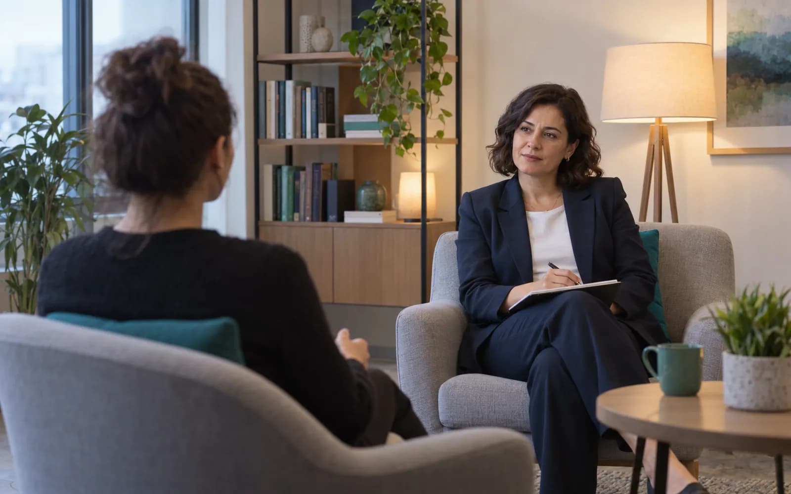 Sessiz ve sıcak bir psikiyatri odasında karşılıklı iki koltuk; hasta arkadan görünüyor, arkada kitaplık